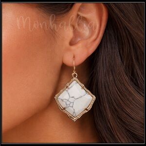 New Boho Luxe White Veined Howlite Stone Drop Earrings in Textured Rose Gold